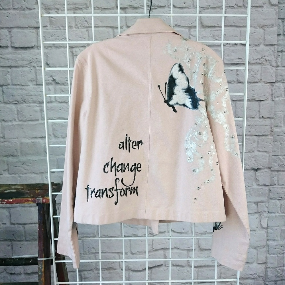 Butterfly Vibes Graphic Blush Pink Denim Jacket